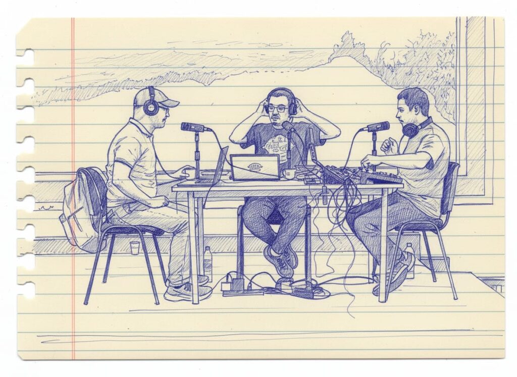 Alexander Múnera, Santiago Arango y Sebastián Martínez, al aire presentando las 100 canciones del siglo XXI